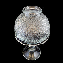 Load image into Gallery viewer, Elevated angled view of the Partylite pineapple fairy lamp, displaying the all-over diamond hobnail pressed glass texture and scalloped lower rim and base