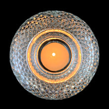 Load image into Gallery viewer, Overhead view of the Partylite pineapple fairy lamp dome shade, showing the diamond hobnail pressed glass pattern and warm candlelight visible through the central opening