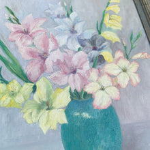Load image into Gallery viewer, Close up of vintage original oil on board entitled Flowers featuring a floral still life of gladiola flowers in vase in pastel shades of pink, yellow blue, and teal