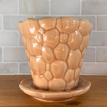 Load image into Gallery viewer, Vintage gloss peach pebble planter pot with attached saucer. Crafted by McCoy Pottery, 1950s. This rare planter is must for any McCoy art pottery collector!
In as found vintage condition, no chips, interior tight hairline crack, crazing. Marked 303 and 5 on the bottom.
Measures 5 1/2 x 5 1/4 inches