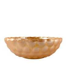 Load image into Gallery viewer, Side view of Fire-King Peach Lustre Bubble bowl showing dimensional raised bubble pattern and warm iridescent glow, Depression glass collectible