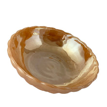 Load image into Gallery viewer, Angled view of vintage Fire-King Peach Lustre Bubble fruit bowl showing iridescent peach finish and classic bubble design, Anchor Hocking USA