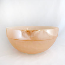 Load image into Gallery viewer, Classic vintage Fire-King "Peach Lustre" milk glass 8 inch mixing bowl. Crafted by Anchor Hocking, circa 1950s. Mix up something tasty with this beauty! In excellent condition, free from chips/cracks/wear. Looks like it's never been used! Measures 8 3/4 x 4 1/2 inches