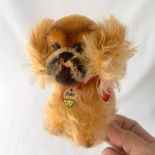 Load image into Gallery viewer, Vintage Peky Pekingese dog stuffed animal features orange amber mohair. He has a jointed head, hand embroidered black nose and mouth, brown glass eyes with black pupils. On its neck is a red ribbon with the original round red, blue and yellow tag bearing the name Peky. Ear has Steiff's silver script button, with remnants of the yellow tag. Crafted by Steiff, Germany 1959 - 1964. A must-have for any Steiff or stuffie collector! In excellent condition. Measures 4 inches or 10cm tall