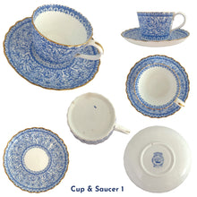 Load image into Gallery viewer, Stunning antique bone china tea set features the Persian pattern in blue florals on white bone china with gold gilt details. Crafted by William Alsager Adderley, WAA & Co., and manufactured at the Daisy Bank Pottery, Longton, Stoke-on-Trent, England, between 1886 - 1905. A stunning groups of bone and opaline china.
Open stock, teapot, covered sugar, creamer set, tray and four cup and saucer sets (two sets are imperfect)