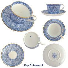 Load image into Gallery viewer, Stunning antique bone china tea set features the Persian pattern in blue florals on white bone china with gold gilt details. Crafted by William Alsager Adderley, WAA & Co., and manufactured at the Daisy Bank Pottery, Longton, Stoke-on-Trent, England, between 1886 - 1905. A stunning groups of bone and opaline china.
Open stock, teapot, covered sugar, creamer set, tray and four cup and saucer sets (two sets are imperfect)