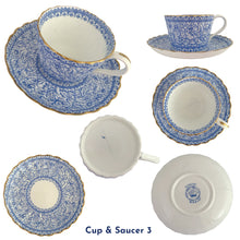 Load image into Gallery viewer, Stunning antique bone china tea set features the Persian pattern in blue florals on white bone china with gold gilt details. Crafted by William Alsager Adderley, WAA & Co., and manufactured at the Daisy Bank Pottery, Longton, Stoke-on-Trent, England, between 1886 - 1905. A stunning groups of bone and opaline china.
Open stock, teapot, covered sugar, creamer set, tray and four cup and saucer sets (two sets are imperfect)