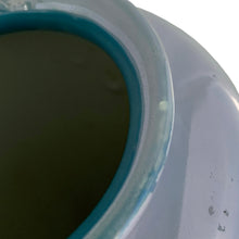 Load image into Gallery viewer, Vintage Shofu periwinkle blue lustreware vase with iridescent glaze, showing small glaze chip on rim