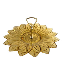 Load image into Gallery viewer, An outstanding and hard to find vintage amber pressed glass "Petal" tidbit serving tray featuring a decorative silver toned metal stem plus D-shaped handle. This piece is simply elegant. Crafted by the Federal Glass Company, USA, circa 1960s. This tidbit tray would look stunning on any dessert table, use for a lovely high tea service or desserts! The glass is in excellent condition, free from chips/cracks. Measures approximately 11 1/2 x 4 3/4 inches tall
