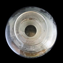 Load image into Gallery viewer, Late 19th century antique hand blown glass pharmacy chemist apothecary jar with stopper. The hand painted label reads LIN.CAMPH.CO. and the label glass has a gold border. Pontil scar on the bottom. These bottles were crafted by skilled glassblowers and used to house chemical compounds in pharmacies...a cool piece of history. In as found condition, there appears to be a crack at the neck and the glass over the label has damage, see photos. Measures 3 3/8 x 9 5/8 inches