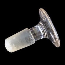Load image into Gallery viewer, Late 19th century antique hand blown glass pharmacy chemist apothecary jar with stopper. The hand painted label reads LIN.CAMPH.CO. and the label glass has a gold border. Pontil scar on the bottom. These bottles were crafted by skilled glassblowers and used to house chemical compounds in pharmacies...a cool piece of history. In as found condition, there appears to be a crack at the neck and the glass over the label has damage, see photos. Measures 3 3/8 x 9 5/8 inches