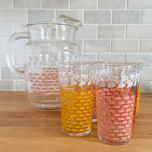 Load image into Gallery viewer, Glassware dreams are made of these beauties! This is a fantastic set of six vintage mid-century beverage glasses decorated in pairs with a pink, yellow or red basketweave pattern topped with a band of white ivy. Produced by Federal Glass, circa 1950s. The perfect addition to any style vintage kitchen and your tablescape will thank you! In like new condition, free from chips/wear. The paint is vibrant and shiny. Unmarked. Measures 2 1/2 x 4 1/2 inches Capacity 12 ounces