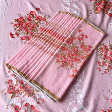 Load image into Gallery viewer, Give your table a touch of elegance with this vintage pink cotton tablecloth featuring flowers in eye-popping salmon with swirls of pale pink, bordered in ochre. With 12 matching napkins. Perfect for adding a hint of sophistication to any gathering! In excellent condition, free from stains/tears Tablecloth measures 56 x 92 inches Napkin measures 16 1/2 x 17 inches