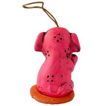 Load image into Gallery viewer, Adorable vintage Little Pal Sachet ceramic fluorescent pink elephant figurine atop a salmon coloured powder puff with string for ease of hanging. Crafted by Celebrity, Japan, 1970s. A sweet bit of retro style to add to your decor! In like new condition in original plastic cylinder package. New old stock. Product is scented. Measures 2 1/2 x 3 3/4 inches