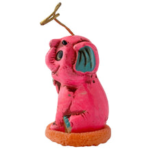 Load image into Gallery viewer, Adorable vintage Little Pal Sachet ceramic fluorescent pink elephant figurine atop a salmon coloured powder puff with string for ease of hanging. Crafted by Celebrity, Japan, 1970s. A sweet bit of retro style to add to your decor! In like new condition in original plastic cylinder package. New old stock. Product is scented. Measures 2 1/2 x 3 3/4 inches