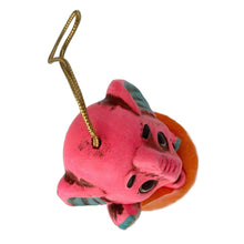 Load image into Gallery viewer, Adorable vintage Little Pal Sachet ceramic fluorescent pink elephant figurine atop a salmon coloured powder puff with string for ease of hanging. Crafted by Celebrity, Japan, 1970s. A sweet bit of retro style to add to your decor! In like new condition in original plastic cylinder package. New old stock. Product is scented. Measures 2 1/2 x 3 3/4 inches