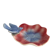 Load image into Gallery viewer, Vintage ceramic trinket dish features a figural pink and blue poppy flower with a bluebird perched on the scalloped rim. Crafted by the Royal Copley, USA, 1939 - 1960. Perfect for trinkets or use as a soap dish.
In excellent condition, free from chips/cracks/repairs.
Measures 5 3/4 x 5 3/4 inches