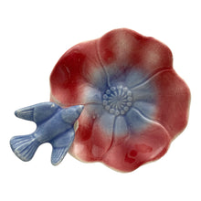 Load image into Gallery viewer, Vintage ceramic trinket dish features a figural pink and blue poppy flower with a bluebird perched on the scalloped rim. Crafted by the Royal Copley, USA, 1939 - 1960. Perfect for trinkets or use as a soap dish.
In excellent condition, free from chips/cracks/repairs.
Measures 5 3/4 x 5 3/4 inches