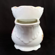 Load image into Gallery viewer, Vintage white porcelain mustache cup glazed in a deep coral with gold gilt flowers and rim featuring a sweet gold flower on the handle. Use as intended or repurpose as a toothbrush or make-up brush holder. Made in Germany. In excellent condition, no chips/cracks/repairs. Some wear to the gold. Dimensions: 4" x 3-5/8"