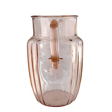 Load image into Gallery viewer, Back view of vintage Mayfair pink depression glass pitcher showing handle attachment and open rose pattern detail