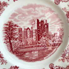 Load image into Gallery viewer, Vintage Old Britain Castles dinner plate with pink transferware pattern of a castle with serene surroundings and decorative floral border on a cream ground. Crafted by Johnson Bros., England, post-2003. These are modern replacement plates with the crown backstamp.
Measures 10 inches
In excellent condition, no chips, cracks or repairs.