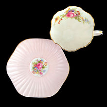 Load image into Gallery viewer, Overhead view of pale pink rose and colourful floral pattern on EB Foley 1850 bone china tea cup and saucer, Pattern 3627