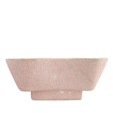 Load image into Gallery viewer, Side profile of vintage pink splatter ceramic planter showing tapered square silhouette and pedestal foot, McMaster Pottery Canada 1940s