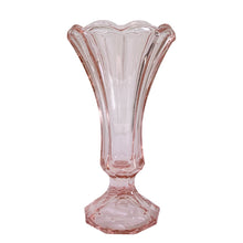 Load image into Gallery viewer, Vintage Pink "Virginia" footed nine-panel trumpet flower vase featuring a footed base extending into a trumpet shape with scalloped edge. Crafted by Fostoria Glass, USA, 1983 - 1986. A beautiful vase for a sweet flower arrangement and can easily be a standalone decor piece. New old stock. In excellent condition, free from chips. Measures 3 3/4 x 6 7/8