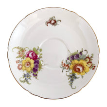 Load image into Gallery viewer, Vintage white bone china Oleander shaped teacup and saucer, featuring pink and yellow cabbage roses along with country flowers, trimmed with gold gilt. Crafted by Shelley, England, 1938 - 1966. Makes a beautiful gift or addition to your collection!