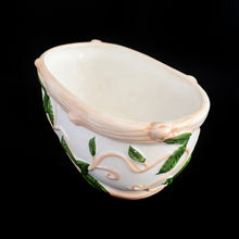 Load image into Gallery viewer, This vintage white ceramic planter is decorated with pink and green raised ivy design. Produced by Claire Burke, Taiwan, circa 1970s. In excellent condition, free from chips/cracks/repairs. Marked "Claire Burke Ti" on the bottom with Made in Taiwan sticker. Measures 7 1/4 x 4 3/8 x 3 1/2 inches
