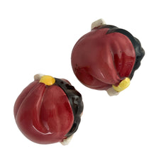 Load image into Gallery viewer, Vintage mid-century hand painted ceramic pixie elf salt and pepper shakers. These Christmas themed shakers are nicely painted in red, green, white black and yellow. Crafted by Lefton, Japan, 1950s. These highly collectible kitschy shakers are the perfect accent for your Christmas holiday decor!
The shakers are in excellent condition, no chips/cracks/repairs. One is missing the cork. Marked 6981 Japan.
Shakers measures approximately 2 3/4 x 2 1/4 x 3 inches