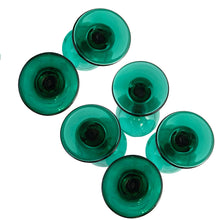 Load image into Gallery viewer, Detail shot of the base of eight vintage Libbey Premiere dark green goblet, USA 1997–1998, showing excellent condition