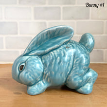 Load image into Gallery viewer, Mid-century Price Bros ceramic Easter bunny side view aqua blue glaze vintage English cottageware 5 inch collectible