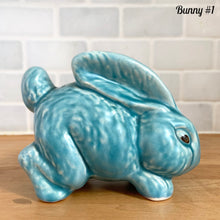 Load image into Gallery viewer, Retro Price Bros Easter bunny ceramic figurine opposite side aqua blue vintage 1950s English cottageware spring decor