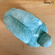 Load image into Gallery viewer, Top view vintage Price Bros aqua blue Easter bunny 1950s ceramic cottageware glaze mid-century English collectible