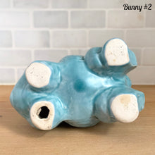 Load image into Gallery viewer, Bottom view of Price Bros Burslem England vintage 1950s aqua blue Easter bunny ceramic cottageware