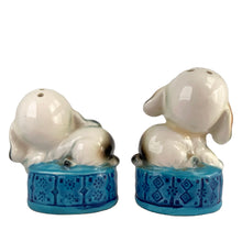 Load image into Gallery viewer, Vintage puppy dogs on blue poofs ceramic salt and pepper shakers with plastic stoppers. Imported by Giftcraft. Japan 1960s. Add these adorable and highly collectible shakers to your collection!
In excellent vintage condition, no chips/cracks/repairs. Giftcraft sticker on one shaker, otherwise unmarked.
Measures 2 x 1 3/4 x 3 1/4 inches