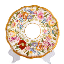 Load image into Gallery viewer, Stunning vintage "Queen Ann" 8 inch white porcelain salad plate, painstakingly hand painted with colourful flowers in shades of red, pink, purple, blue, yellow and umber with leaves in shades of green finished with a scalloped edge in gold gilt. Crafted by Hammersley & Co., England, between 1912 - 1932. Add to or compliment your existing dinnerware with these exquisite plates!