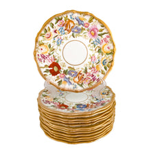 Load image into Gallery viewer, Stunning vintage "Queen Ann" 8 inch white porcelain salad plate, painstakingly hand painted with colourful flowers in shades of red, pink, purple, blue, yellow and umber with leaves in shades of green finished with a scalloped edge in gold gilt. Crafted by Hammersley & Co., England, between 1912 - 1932. Add to or compliment your existing dinnerware with these exquisite plates!