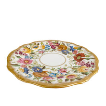 Load image into Gallery viewer, Stunning vintage "Queen Ann" 8 inch white porcelain salad plate, painstakingly hand painted with colourful flowers in shades of red, pink, purple, blue, yellow and umber with leaves in shades of green finished with a scalloped edge in gold gilt. Crafted by Hammersley & Co., England, between 1912 - 1932. Add to or compliment your existing dinnerware with these exquisite plates!