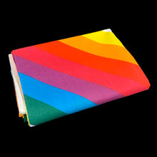 Load image into Gallery viewer, Let your authentic self represent with this vintage twin size flat poly cotton white bed sheet printed printed with rainbow stripes. Crafted by Thomaston, USA, 1970s. A great addition to any bedding collection, or repurpose for crafts, quilting or garment making.
Excellent like-new vintage condition, no stains/tears. Original label present. Colours are vibrant.
Measures 64 x 96 inches