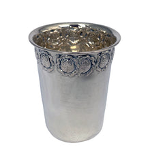 Load image into Gallery viewer, Hazorfim 800 sterling silver Kiddush cup, elevated front view, embossed rose border, vintage Israeli Judaica