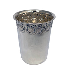 Load image into Gallery viewer, Hazorfim 800 silver Kiddush cup, three-quarter view from above showing embossed rose border and polished interior