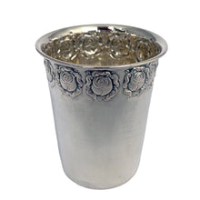 Load image into Gallery viewer, Hazorfim 800 silver Kiddush cup, elevated three-quarter view showing embossed rose collar and polished silver interior