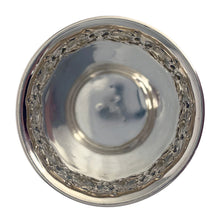 Load image into Gallery viewer, Top-down view of Hazorfim sterling silver Kiddush cup interior showing embossed rose rim detail and reflective interior
