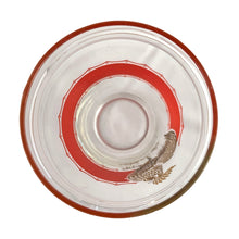 Load image into Gallery viewer, Fabulous vintage art deco rooster-themed cocktail shaker featuring a wide red enamel band bordered on either side with a scalloped band and a large gold rooster. The tapered glass cocktail shaker is finished with a round shoulder and topped off with a silver plate dome lid, crafted by the Derby-Shelton Silver Company, 1930s. This shaker is truly something to crow about!
In used vintage condition, no chips, wear to the gold in the shoulder band.
Measures 4 1/2 x 10 7/8 inches
