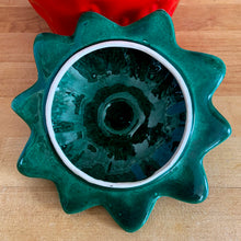 Load image into Gallery viewer, Rare vintage retro figural red strawberry cookie jar, topped with green lid. Crafted by McCoy Pottery, USA, 1970s. A good sized stoneware canister for a large batch of cookies that will look great as part of your kitchen decor!
In vintage condition, no chips/cracks/repairs, scuffing at the rim of the strawberry. Maker's mark on bottom.
Measures 7 1/4 x 9 3/4 inches