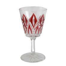 Load image into Gallery viewer, These unique mid-century "Harlequin" crystal wine glass featuring vibrant red diamonds. Crafted by Reims, France, circa 1960s. A unique classic to add to your barware collection! In excellent, no chips or cracks. Marked on the bottom "FRANCE". Measures 2 3/4 x 5 inches Capacity 6 ounces