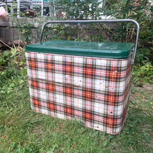 Load image into Gallery viewer, Complete your al fresco dining experience with this fantastic red, white and green plaid metal picnic cooler. There is a handle for ease of carrying and a drain for excess water. Marked on the bottom, GSW Proudly Canadian. Add this awesome nostalgic conversation starter to your family gatherings, romantic adventures or home decor! In used vintage condition. Please see photos. Measures 18 x 11 x 13 1/4 inches