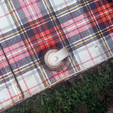 Load image into Gallery viewer, Complete your al fresco dining experience with this fantastic red, white and green plaid metal picnic cooler. There is a handle for ease of carrying and a drain for excess water. Marked on the bottom, GSW Proudly Canadian. Add this awesome nostalgic conversation starter to your family gatherings, romantic adventures or home decor! In used vintage condition. Please see photos. Measures 18 x 11 x 13 1/4 inches